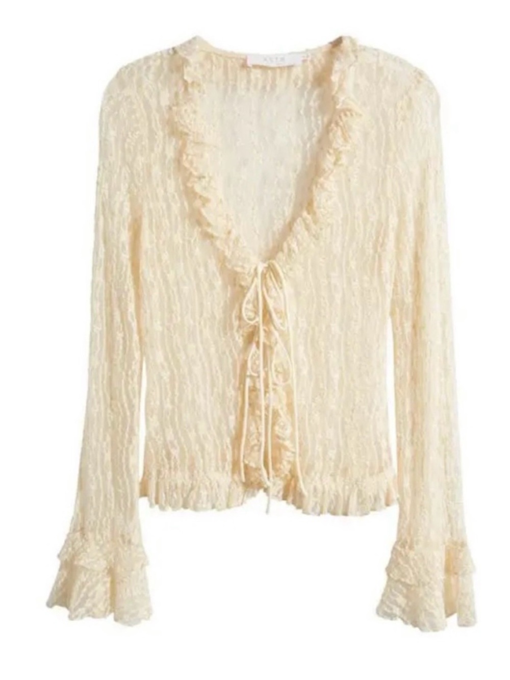 Astr Sheer Lace Ruffled Tie-Front Top - Cream. Size Small - Picture 5 of 10